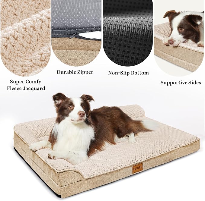 Orthopedic Dog Bed Large Sized Dog 36''X24'', Waterproof L Bolster Egg Crate Foam Pet Crate Beds with Washable Removable Cover, Non-Slip Soft Pet Couch Sleep Mat, Ivory - Image 3