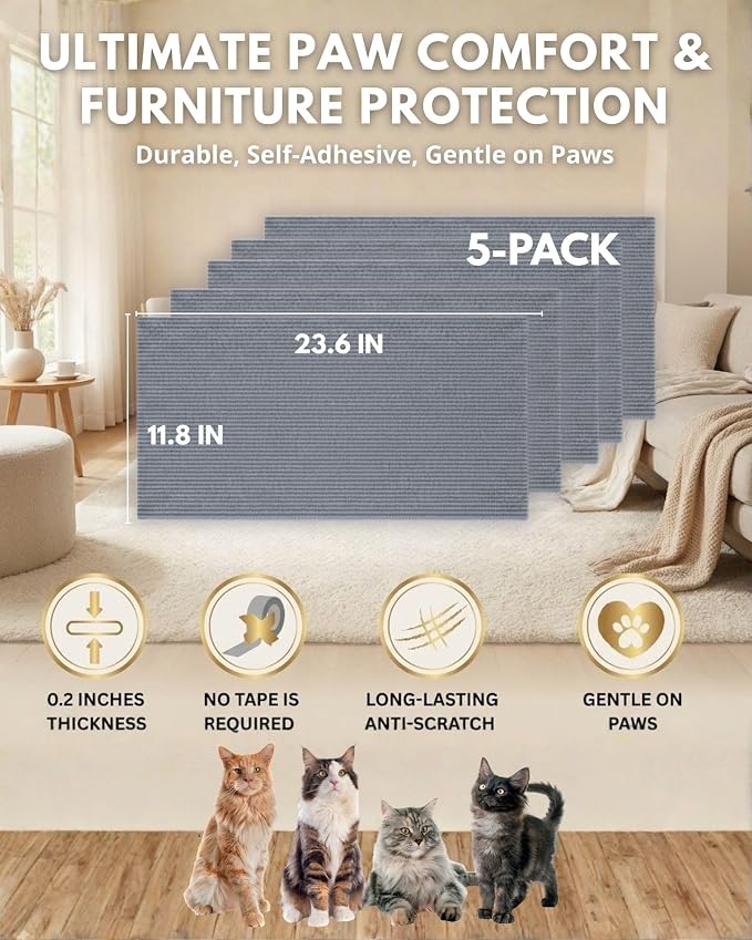 Corner & Wall Cat Scratch Mat (Grey, 23.6''x11.8'', 5-Pack), Self-Adhesive Trimmable Cat Scratcher, Wall Mounted Scratching Pad for Indoor Cats, Sofa Furniture Protector, Cat Post Cover Replacement - Image 6