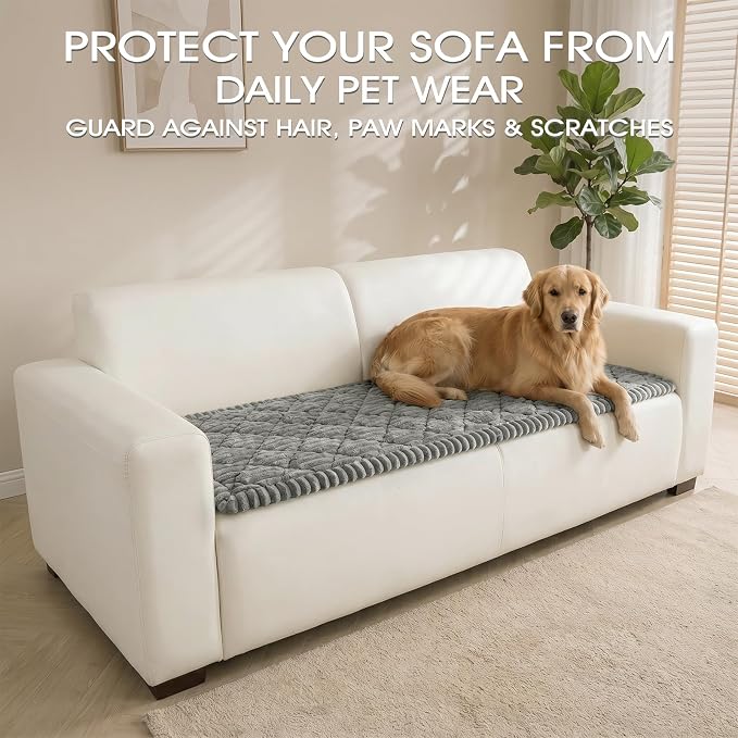 Non-Slip Washable Couch Cover for Dogs, Thick Plush Grid Flannel | 27.6"x70.9", Light Gray, 0.8" Thick, Rubber Dot Backing, Pet-Friendly Protector for Sofa, Floor, Window Seat, Car or Camping - Image 3