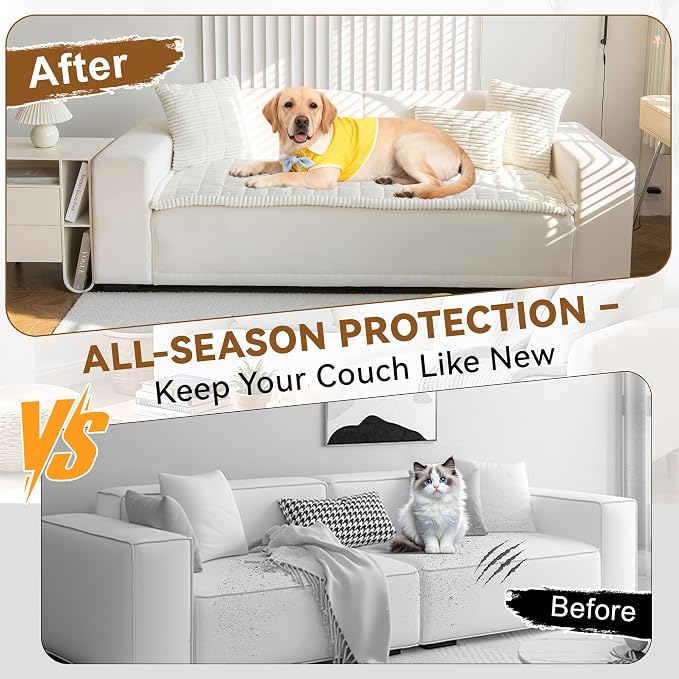 OTOB Couch Covers for Dogs Washable, Non Slip Loveseat Pet Sofa Protector | Cream, 23.6" x 47.2", Soft Fuzzy Plush, All Seasons, Pet Friendly Furniture Protector, Breathable, Thick Wear-Resistant - Image 2