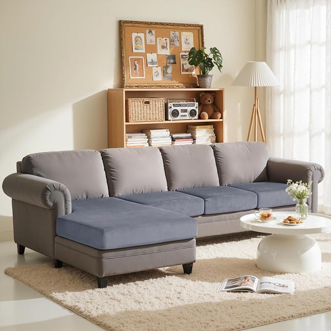 CHUN YI Velvet Couch Cushion Covers, 4 PC Water Resistant Sectional Couch Covers for L Shape Sofa, Individual Seat Cushion Protector for Pets (3 Seater + 1 Chaise, Grey) - Image 2