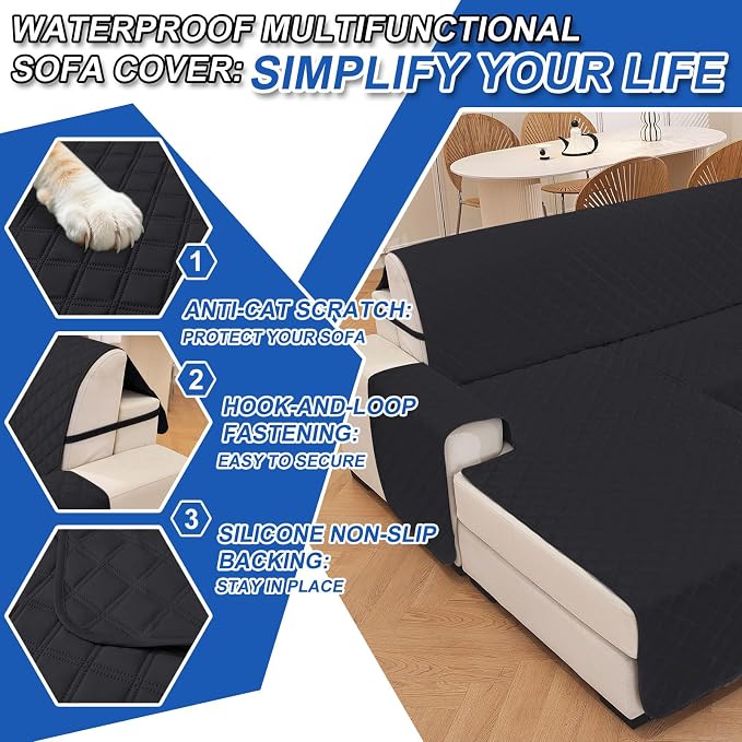 Waterproof Sectional Couch Covers for Dogs, Reversible L Shaped Couch Cover, Sectional Couch Covers L Shape for Pets Dog Cat, Quilted Sofa Covers Washable Sectional (Large, Black) - Image 6