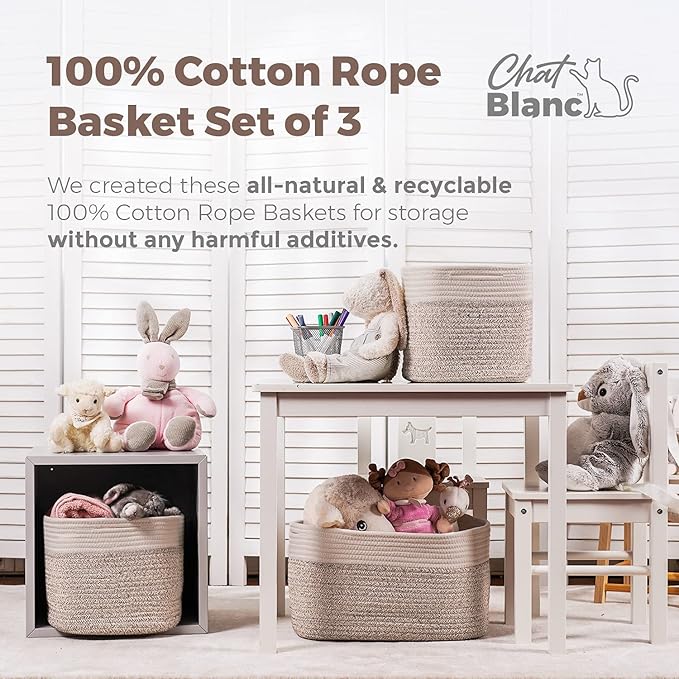 CHAT BLANC Cotton Rope Baskets for Organizing | Storage Baskets for Shelves | Rope Basket for Storage, Small Laundry Baskets, Woven Baskets for Storage, Dog Toy Bin, Baby Basket,Off White&Brown 3 Pack - Image 3
