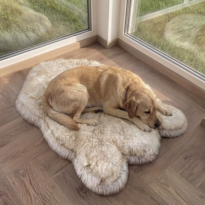 Faux Fur Orthopedic Dog Bed, Memory Foam, White w/Brown Tips 50"x30" | Plush Washable Dog Rug with Waterproof Machine Washable Cover, Calming for Anxious Senior Dogs, Relieves Joints by iHappyDog