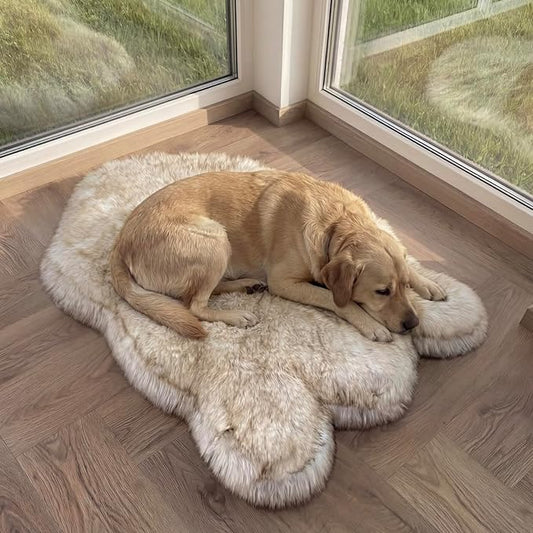 Faux Fur Orthopedic Dog Bed, Memory Foam, White w/Brown Tips 50"x30" | Plush Washable Dog Rug with Waterproof Machine Washable Cover, Calming for Anxious Senior Dogs, Relieves Joints by iHappyDog