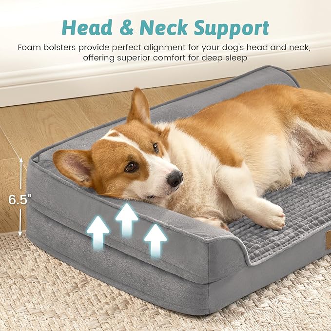 COZY KISS Orthopedic Dog Bed for Large Medium Size Dog, Dogs Crate Bed, L Shaped Foam Anti-Slip Bottom Pet Cat Sofa with Washable Removable Cover, Suitable for Pet Up to 75 lbs, 36x27x6.5 inch, Grey - Image 5