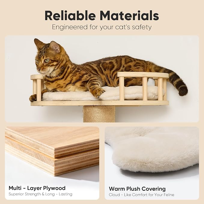 FUKUMARU Cat Wall Shelves, 4 in 1 Set, Beige | Stable Wooden Wall-Mounted Furniture Set, Climbing Tree with Hammock, Bed, Perch and Scratching Mat - Image 3
