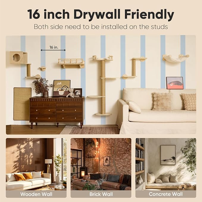 FUKUMARU Cat Wall Shelves, 4 in 1 Set, Beige | Stable Wooden Wall-Mounted Furniture Set, Climbing Tree with Hammock, Bed, Perch and Scratching Mat - Image 8