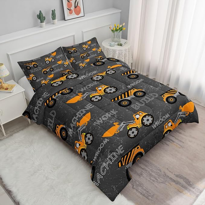 Truck Comforter Set Excavator Engineering Vehicle Printed Bedding Set with 1 Comforter and 2 Pillowcases for Boys and Girls Bedroom All Season(Truck-3 Queen) - Image 2