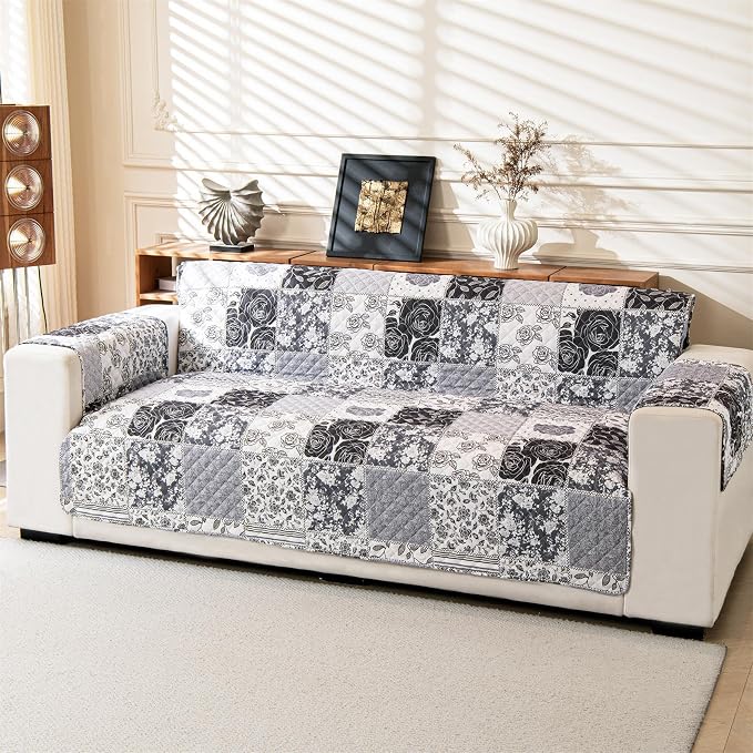 Cmfshape Skidproof Sofa Cover-Grey Rose Sofa Slipcover with Elastic Straps-Easy Fit Slip Cover-Patchwork Washable Furniture Protector for Pets and Kids(Loveseat,Grey) - Image 2