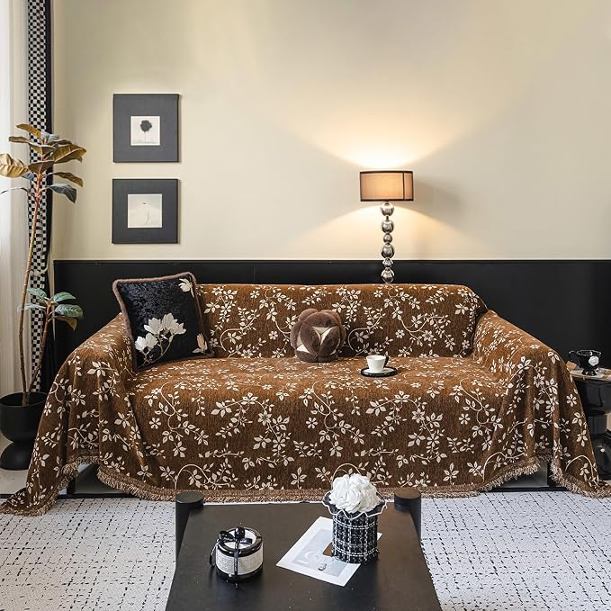 STACYPIK Soft Botanical Floral Vine Couch Cover, Brown Sofa Cover for Dogs | Thick Durable, Vintage Jacquard, Washable Reversible Sectional Protector for 3 Cushion Couch with Tassels, Multi-use-71X150IN by STACYPIK