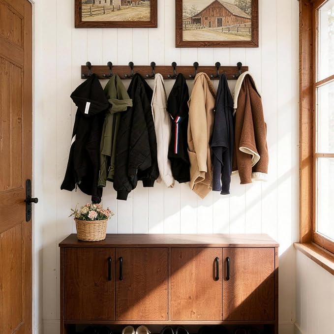 SKOLOO 43-Inch Wood Burnt Coat Rack Wall Mount with 8 Triple Hooks - Ideal for Family Entrances, Classrooms, and Pet Supplies Storage - Perfect Coat Hooks for Wall - Image 2