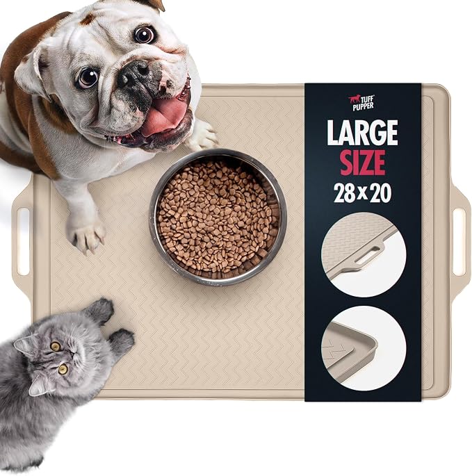 Tuff Pupper 28x20 Large Dog Feeding Mat for Food and Water | Dog Food Mats for Floors | Waterproof Dogs Water Bowl Mats | Dogs Placemats Pet Food-Mat | Silicone Feeding Mat for Cats and Cat Bowls by TuffPupper