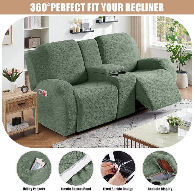 VANSOFY Recliner Loveseat Cover with Middle Console Stretch Reclining Sofa Slipcover for 2 Seat Jacquard Reclining Couch Sofa Covers Furniture Protector with Elastic Straps Bottom (Green) | 4-Pieces, Soft Furniture Protector, Washable Slipcover with Po... - Image 5