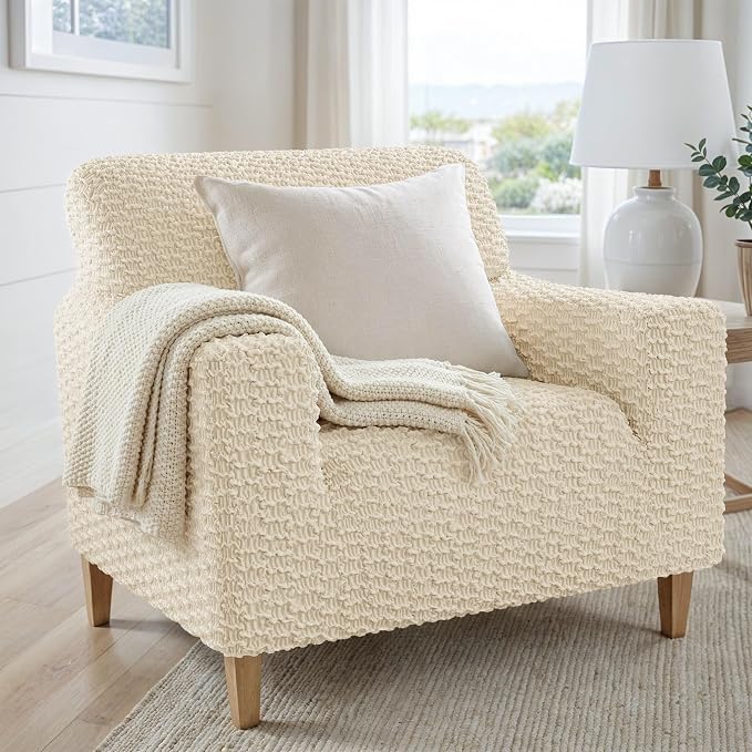 PAULTO BY GA.I.CO. Stretch Sofa Slipcovers – Soft Elastic Fabric Couch Cover for Armchair Loveseat 3-Seater & 4-Seater Sofa Cover – Non-Slip Furniture Protector Washable - Cream (21"-39" Wide) - Image 2