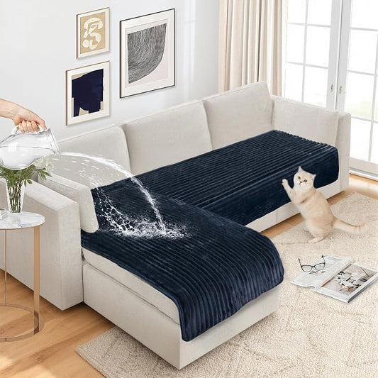 NAISI Couch Covers for Dogs Waterproof Flannel Striped Sofa Cover Pet Friendly Washable Dog Mat for Couch Anti Slip Sectional Sofa Slipcover Protector(2pcs/35"x63"+35"x70",Dark Navy) by NAISI