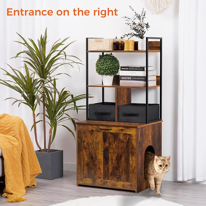 Dwanton Litter Box Enclosure with 2 Storage Shelves and 2 Drawers, 2-in-1 Hidden Cat Litter Box Enclosure Furniture with Shelf, Reversible Entrance, Washable Drawers, 50-Inch, Rustic Brown - Image 2