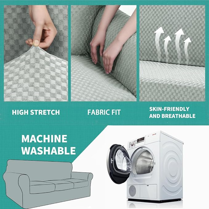 YEMYHOM Latest Checkered 4 Pieces Couch Covers for 3 Cushion Couch High Stretch Thickened Sofa Cover for Dogs Pets Elastic Slipcovers Living Room Furniture Protector (Ivory), 71"-91"(3 Cushions) - Image 5