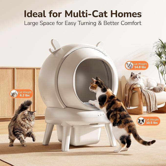 Automatic Self Cleaning Litter Box, Cat Litter Box with APP Control, 65L Globe & Dual Safety Sensors, Robot Litter Box, 1 Roll Garbage Bags and Litter Mat, <35DB, for Multiple Cats, White - Image 8