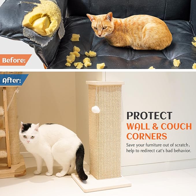 PETKARAY Couch Corner Cat Scratcher, 22'' Corner Scratching Post Cat Wall Scratcher, Sisal Scratch Pad for Sofa, Wall Furniture Protector with Toy Ball - Image 5