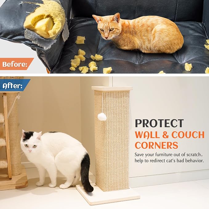 PETKARAY Couch Corner Cat Scratcher, 28'' Corner Wall Scratching Post, Sisal Cat Scratch Pad for Sofa & Furniture Protection with Toy Ball - Image 5