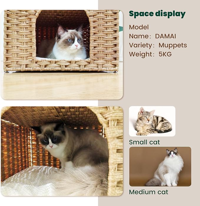 Safety Triple-Layer Cat House for Indoor Cats - Hand-Woven Rattan Cat Cave with 2 Hideaways & 3 Soft Pads - Foldable & Sturdy Cat Condo Furniture for Multiple Cats & Small Pets, Easy Assembly - Image 5