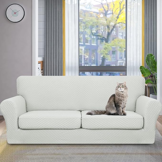 YEMYHOM Latest Checkered 3 Pieces Couch Covers for 2 Cushion Couch High Stretch Sofa Cover with 2 Extra Large Seat Cushion Covers Anti Slip Elastic Slipcovers (Ivory), 71"-91"(2 Cushions) - Image 2