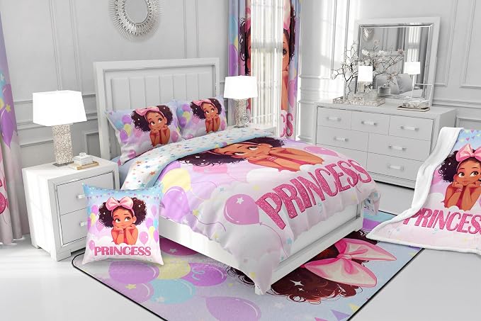 Manfei Black Princess Kawaii Comforter Set,Fairy Tale Theme Pink Bowknot Balloons Bedding Set for Adults Living Room,Starry Balloons Flags Dreamy Girl Quilt Set,3 Pcs with 2 Pillowcases,King - Image 6