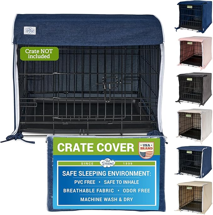 Pet Dreams Dog Crate Cover - Breathable Fabric Kennel Topper for Double-Door Crates, Fits iCrate Dog Cages 18, 24, 30, 36, 42, 48 Inches (Denim, Small, 24") by PetDreams