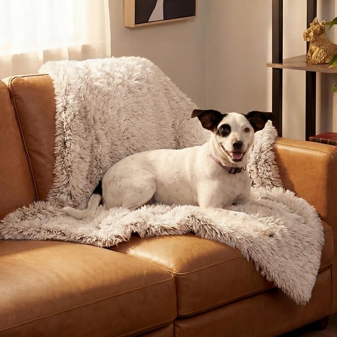 Furhaven Waterproof Throw Blanket for Dogs & Indoor Cats, Washable - Shaggy Plush Calming Long Faux Fur & Velvet Dog Blanket - Taupe, Medium - Image 9