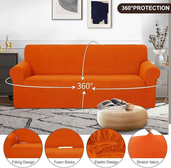 U-NICE HOME Oversized Stretch Couch Cover Slipcover, Orange | 3 Cushion Sofa, 1-Piece Sofa cover, Washable, Pet friendly, Furniture protector, Polyester Spandex Jacquard fabric - Image 3