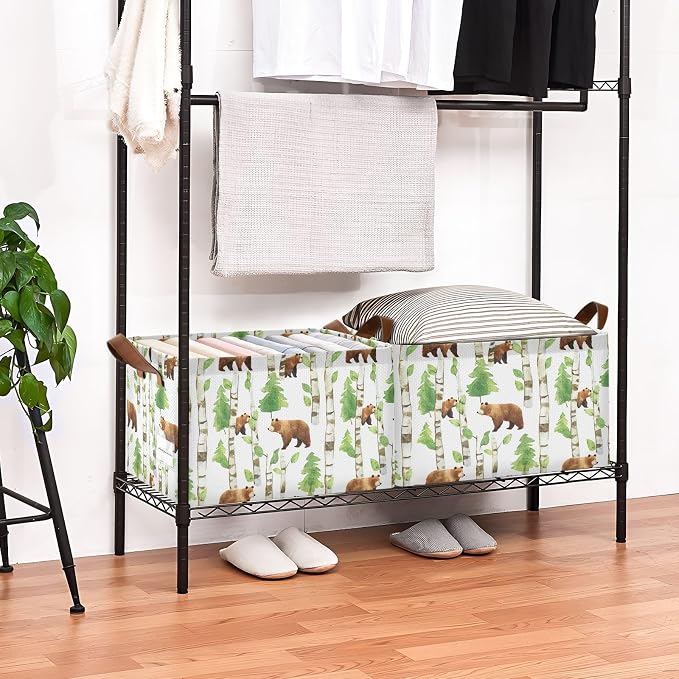 Watercolor Woodland Bear Forest Animal Baby Storage Basket with Labels&Handles Waterproof Nursery Storage Bins Collapsible Shelf Organizer Baskets for Kids Books Cloth Gift Toys Laundry, 2 Pack - Image 3