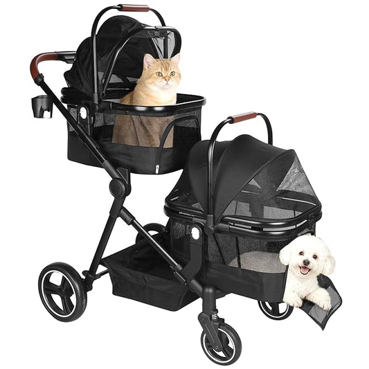 Foldable Double Pet Stroller for 2 Small Medium Cats Dogs, Lightweight Single and Double Integrated Pet Stroller with Detachable Carriers