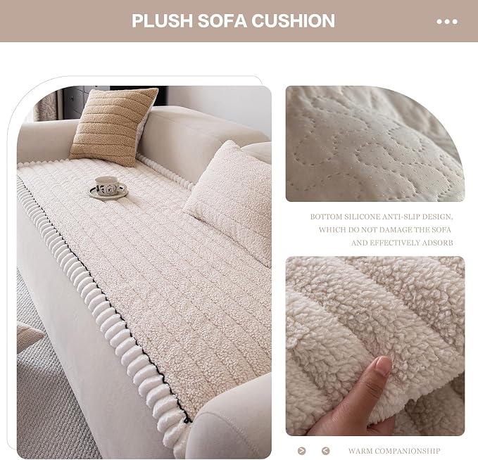 DREAMINGO Non Slip Couch Cover for Dogs Fuzzy Pet Sofa Covers Washable Thick Plush Sofa Slipcover Striped Texture Beige Cushion Protector Dog Cat Bed Mat 27.6x70.9 Inch - Image 4