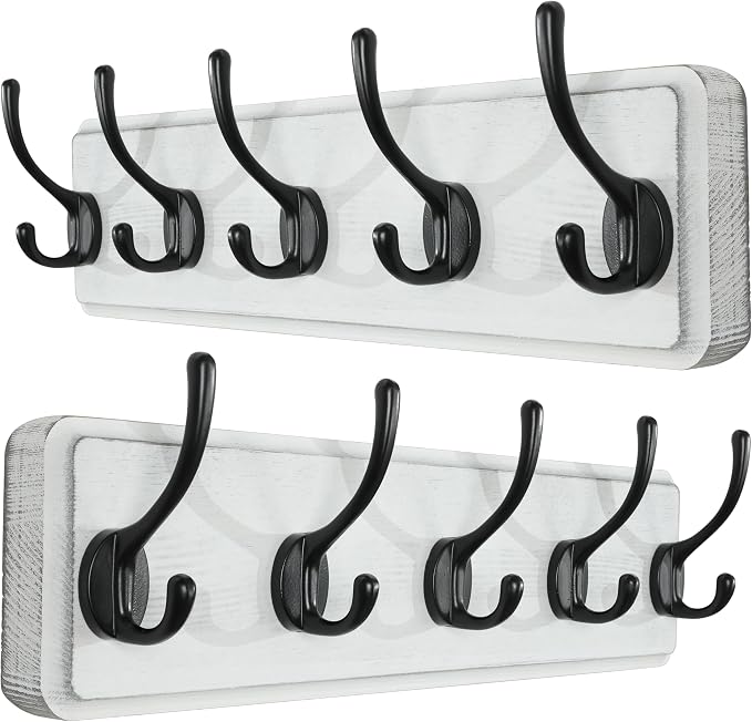 SKOLOO Rustic Wall Mounted Coat Rack, 16 inches Hole to Hole, Case of 2, Pine Solid Wood Coat Hook Hanger - 5 Hooks for Hanging Clothes Robes Towels Coats by SKOLOO