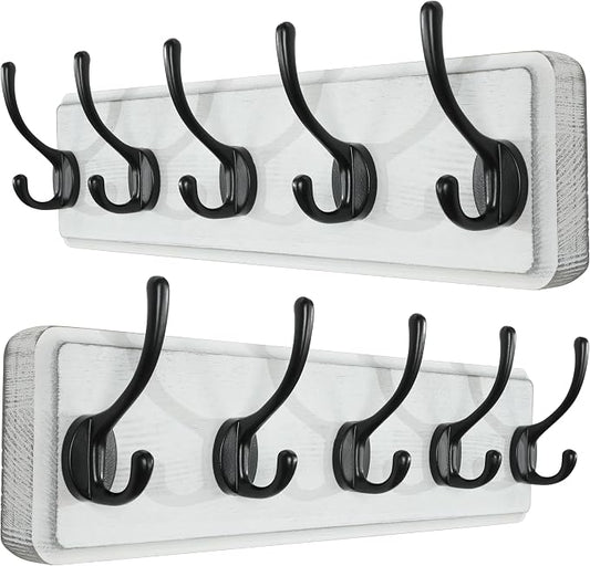 SKOLOO Rustic Wall Mounted Coat Rack, 16 inches Hole to Hole, Case of 2, Pine Solid Wood Coat Hook Hanger - 5 Hooks for Hanging Clothes Robes Towels Coats by SKOLOO