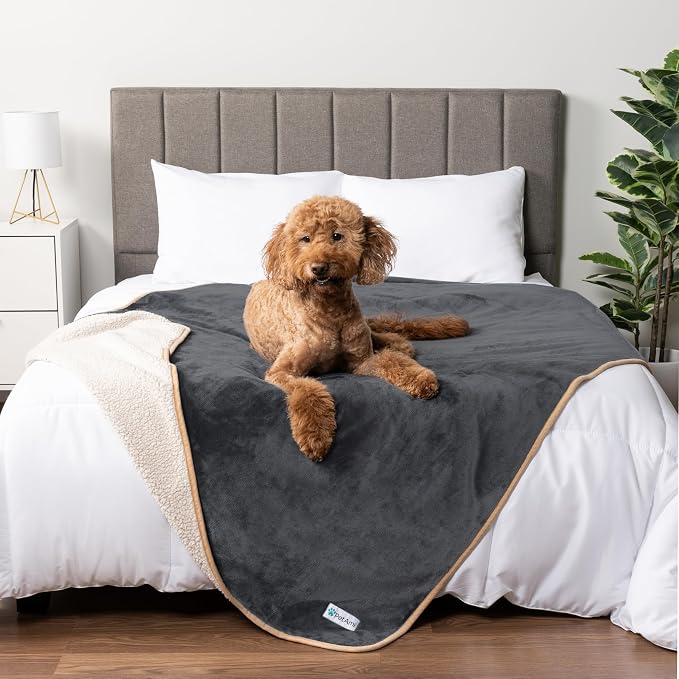 PetAmi Waterproof Dog Blanket for Extra Large Dogs, Pee Proof Pet Blanket for Bed Couch, Reversible Water Proof Blanket for Puppy Indoor Cat, Soft Dog Crate Cover Washable, Queen 90x90 Gray/Beige by PetAmi