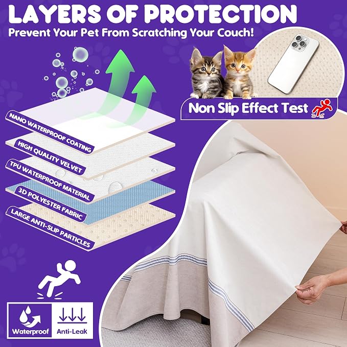 Loiion Cat Scratch Proof Furniture Protector Waterproof Sofa Cover 150"x91" | Pet-Friendly Couch Protector, Anti-Scratch & Anti-Slip Sofa Cover For Cats Dogs Kids, Machine Washable - Image 7