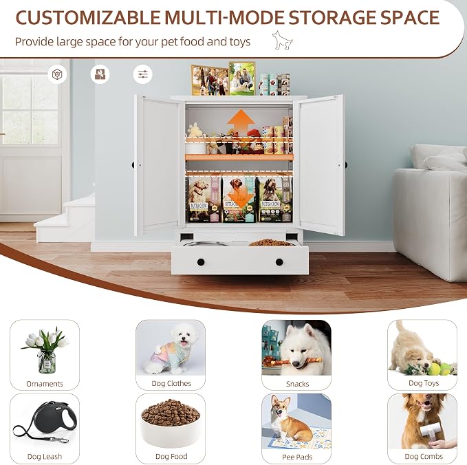 Dog Feeding Station with Storage, Metal Dog Food Storage Cabinet with 2 Elevated Bowls and 3 Hooks, Pet Feeding Station and Dogs Food Storage Organizer, White - Image 8