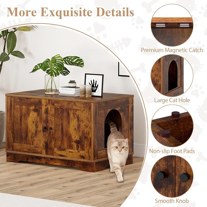 Tangkula Cat Litter Box Enclosure, Wooden Kitty Washroom Cabinet w/Winding Entry & Cat Hole, with Divider, Hidden Double Enclosed Litter Box Furniture for Living Room, Bedroom, Entryway (Rustic Brown) - Image 7