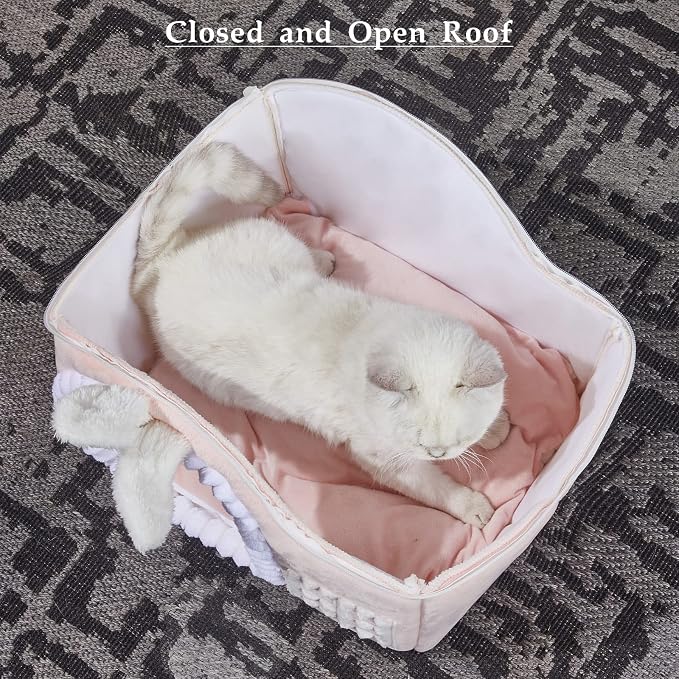 Jiupety Rabbit Cat Houses for Indoor Cats, Chimney Cute Cat Bed Cave, Enough Interior Space, Cartoon Soft Pet House Up to 3-7 lbs Kitten, Pink - Image 3