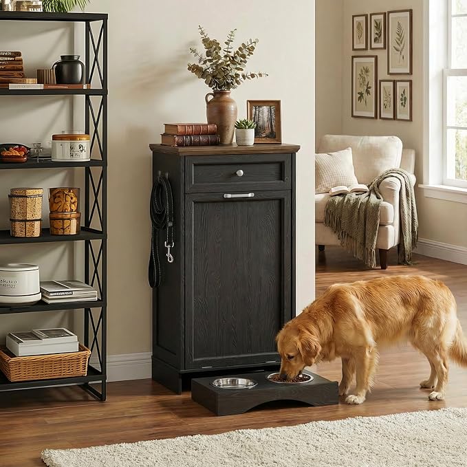 21’’W Dog Feeding Station with Storage, Tilt Out Dog Food Cabinet with Drawer, 2 Feeding Bowls, Pet Food Storage, Cat Feeding Station, Dogs Storage Organizer, (Black, Single Door) - Image 8