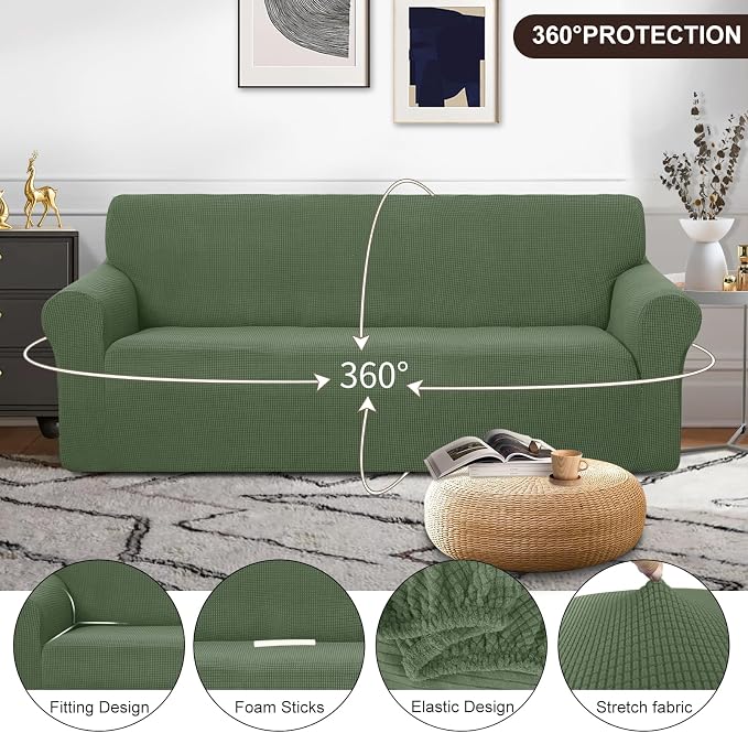 U-NICE HOME Stretch Couch Cover Slipcover for 3 Cushion Sofa, Loden Frost | 1-Piece Sofa cover, Washable, Pet friendly, Furniture protector, Polyester Spandex Jacquard fabric - Image 3