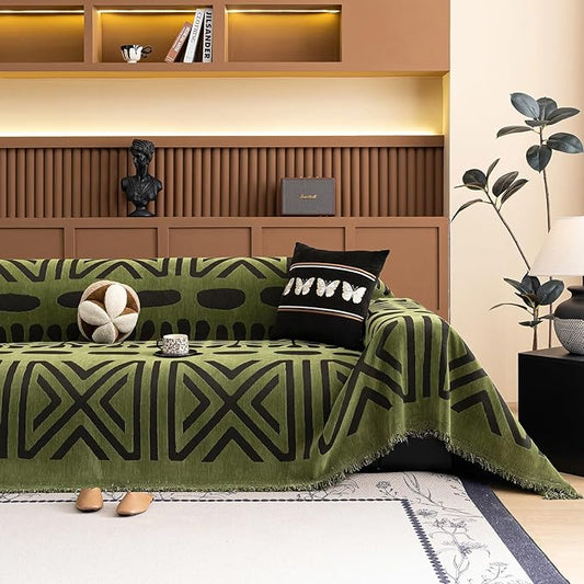 VClife Bohemian Green and Black Couch Cover Western Aztec Sofa Cover for 3 Cushion Couch Sofa Washable Chenille Sofa Slipcover Boho Non Slip Geometric Couch Covers for Sectional Sofa 71''x134'' by VCLIFE