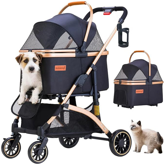 Pet Stroller for Small Dogs, Lightweight Small Dog Stroller for Dogs Cats with 6 Shock Absorption System, Detachable Carrier Suitable for Car Seat & Hand Carry, Safe Outings, Black
