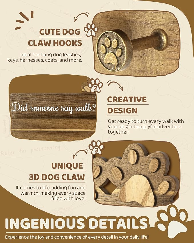 MTERSN Farmhouse Dog Leash Holder for Wall - Decorative Key Hooks Wall Mount with Paw Shape and 6 Unique 3D Hooks - Dog Lover for Home Decor (Acacia Wood) - Image 6