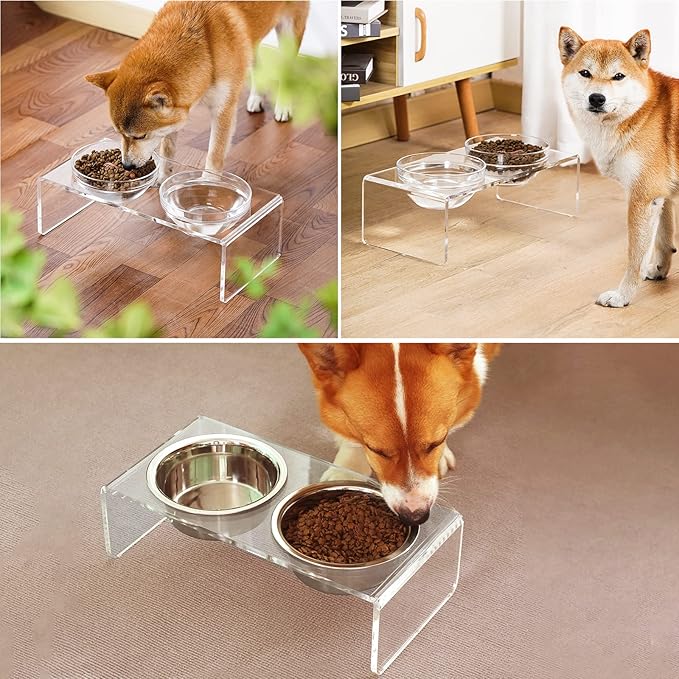 Acrylic Elevated Dog Cat Bowls Pet Feeder Double Bowl Raised Stand Comes with 2 Removable Glass Bowls and 2 Stainless Steel Bowls.Perfect for Medium Dogs, 5.5" Tall - Image 6