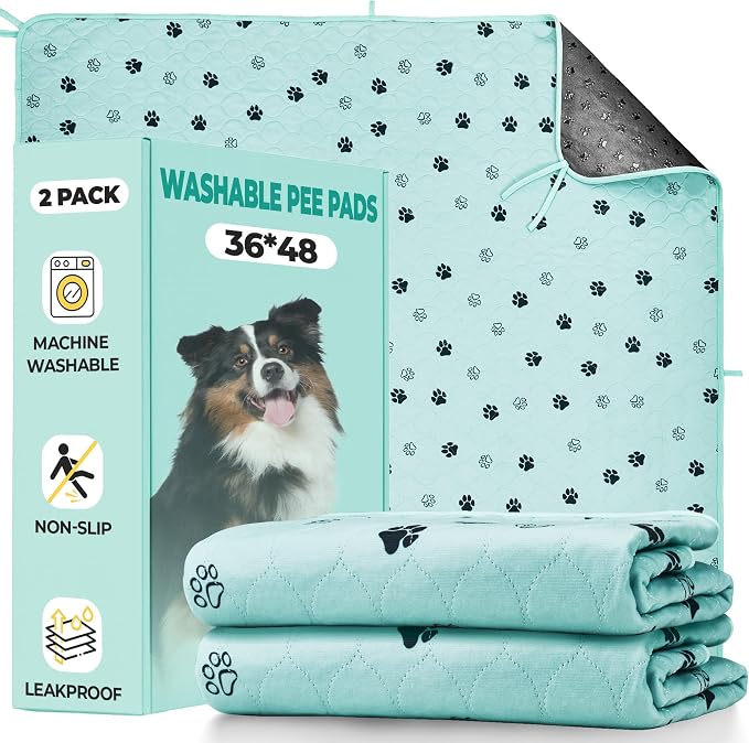Fostanfly Washable Pee Pads for Dogs, Leak-Proof, 36"x48"-2 Pack, Green | Ultra-Absorbent, Waterproof, Non-Slip, Large Reusable Pee Pads for Puppy Potty Training, Crate and Playpen with 8 Tie Straps by HOME