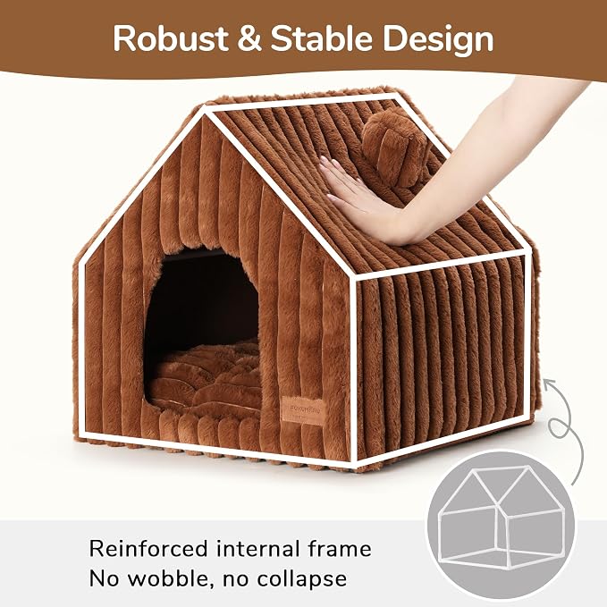 FUKUMARU Cat Bed Cave, Enclosed Washable Covered Dog Bed with Support Frame | Large Cat House for Indoor Cats, Cozy Cat Hideaway for Anxious Cats, Soft Plush Faux Fur Cat Tent Bed, Non-Slip Bottom, Brown - Image 2