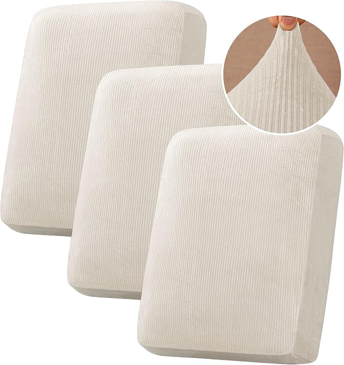 H.VERSAILTEX Velvet Stretch Couch Cushion Cover Plush Cushion Slipcover for Chair Loveseat Sofa Cushion Furniture Protector Seat Cushion Sofa Cover (3 Piece Sofa Cushion Covers, Ivory Striped) by HVERSAILTEX